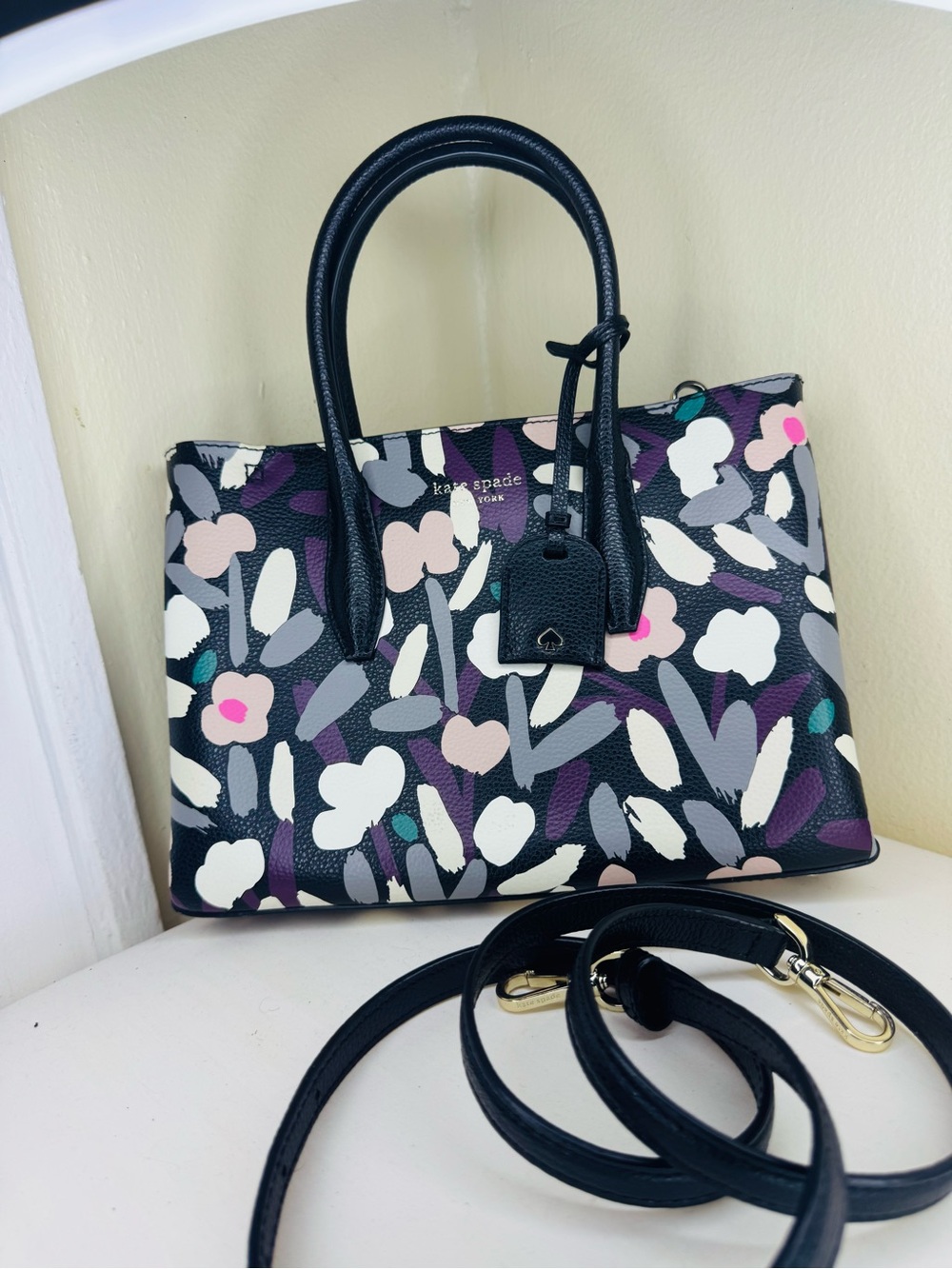 kate spade Black Floral Graphic Leather Satchel with Pink & Purple Accents